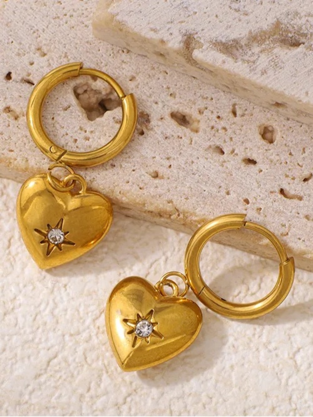 Gold Heart Huggie Hoop Earrings with Star Accent